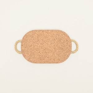 May include: A light brown oval cork trivet with two rope handles. The trivet is perfect for protecting surfaces from hot dishes.