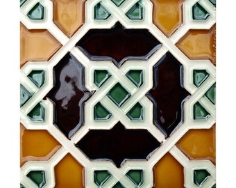 May include: Square ceramic tile with an intricate geometric design. The tile features a repeating pattern of interlocking shapes in shades of brown, green, tan, and white. The glossy finish enhances the colors and details of the design.