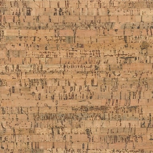 May include: Close-up of a natural cork material with a textured surface. The cork has a light brown color with dark brown and black markings, creating a rustic and organic appearance. The cork is arranged in horizontal strips.