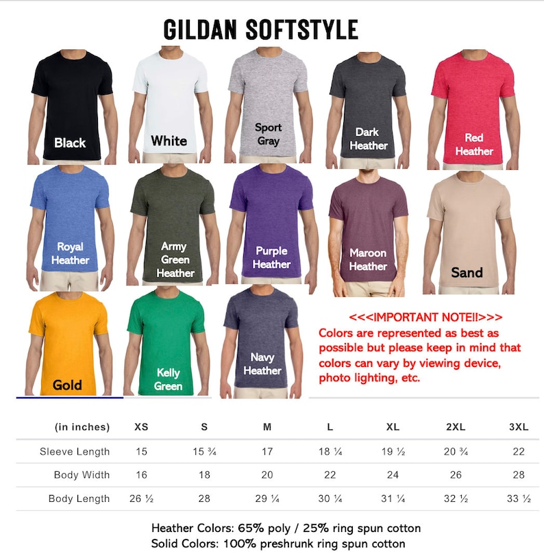 Pu&ograve; includere: Un grafico che mostra i diversi colori e le taglie delle t-shirt Gildan Softstyle. Il grafico include i seguenti colori: Nero, Bianco, Grigio sportivo, Grigio scuro melange, Rosso melange, Blu reale melange, Verde militare melange, Viola melange, Bordeaux melange, Sabbia, Oro, Verde Kelly e Blu navy melange. Il grafico include anche le seguenti taglie: XS, S, M, L, XL, 2XL e 3XL. Il grafico include anche le seguenti misure: Lunghezza manica, Larghezza corpo e Lunghezza corpo. Le misure sono in pollici.