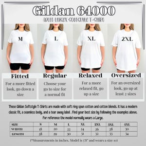 K&ouml;nnte beinhalten: Eine Gr&ouml;&szlig;entabelle f&uuml;r Gildan 64000 Unisex-Softstyle-T-Shirts f&uuml;r Erwachsene. Die Tabelle zeigt die Breite und L&auml;nge in Zoll f&uuml;r die Gr&ouml;&szlig;en S bis 4XL. Die Tabelle enth&auml;lt auch Beschreibungen der Passform f&uuml;r jede Gr&ouml;&szlig;e: figurbetont, normal, locker und oversized.