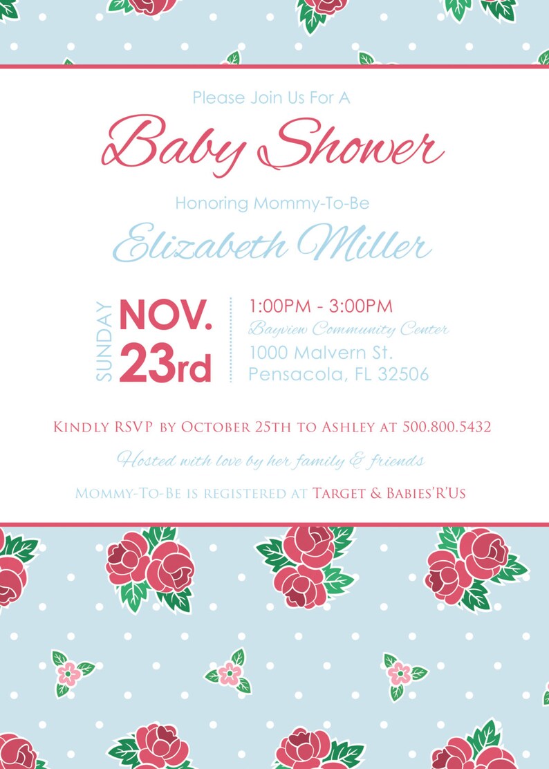 Shabby Chic Roses Baby Shower Invitation Blue/Pink Etsy