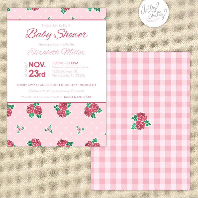 Shabby Chic Roses Baby Shower Invitation Pink Etsy