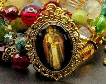 Armband Sinterklaas rozenkrans: groene jade, carneool, jaspis, Italiaans kruisbeeld
