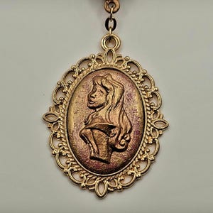 Sleeping Beauty Aurora Briar Rose Inspired Hand Painted Clay Cameo Necklace, Disney Princess Inspired Pendant, Rose Gold, Copper Patina