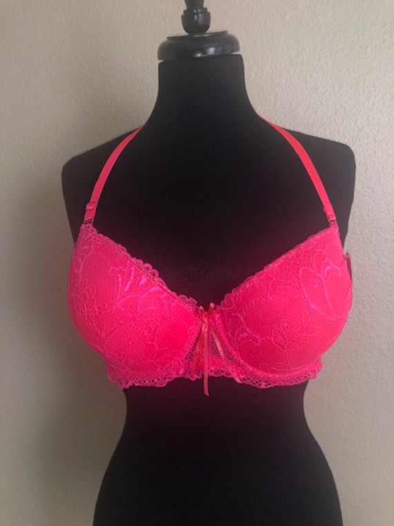 Neon Pink Lace Push-Up Halter Bra