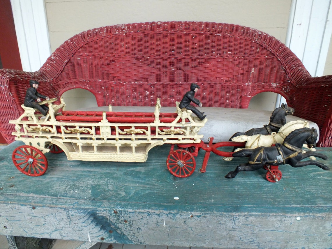 Vintage Cast Iron Horse Drawn Fire Wagon Ladder Truck Toy Etsy
