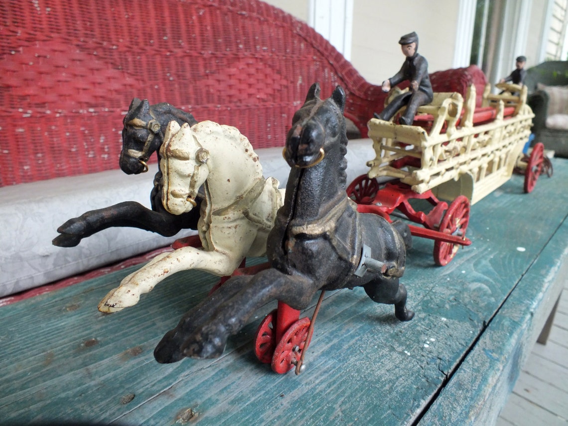 Vintage Cast Iron Horse Drawn Fire Wagon Ladder Truck Toy Etsy