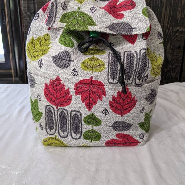 Hand Crafted Bucket Backpack Vintage Leaf Drapery - Mid Century  Bark Cloth Fabric - Adjustable Straps