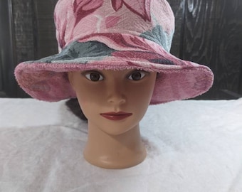 Hand Crafted Reversible Bucket Hat, Vintage 1940's Cotton Drapery Fabric, 1970's Terry Cloth Towel