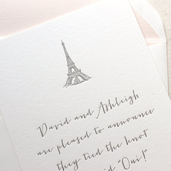 Parisian Letterpress  Elopement Announcement - Sample - Eiffel Tower, Paris, France, Europe, Elope, Blush, Calligraphy, Invitation, Marriage