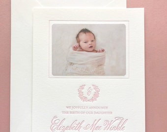 Letterpress Baby Birth Announcements with photos - 50 flat cards & envelopes, monogram, flowers, pink, blush,  wreath, calligraphy BA125