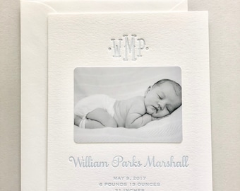 Letterpress Baby Birth Announcements with photos - 50 flat cards with envelopes - 1 ink color - custom, boy Modern, newborn, Classic BA124