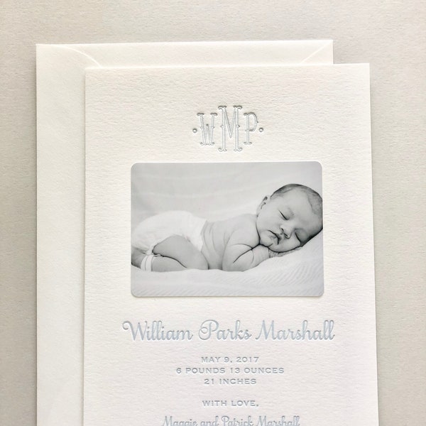 Letterpress Baby Birth Announcements with photos - 50 flat cards with envelopes - 1 ink color - custom, boy Modern, newborn, Classic BA124