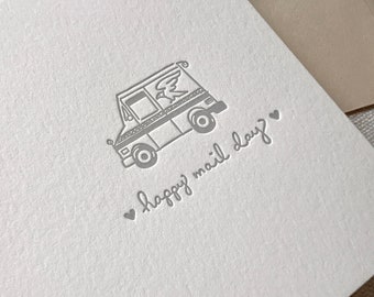 Letterpress Greeting Card - Mail Carrier Truck - Happy Mail Day -  hand sketched - Ready to Ship