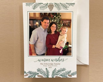 Letterpress Holiday Photo Card - 50 or more with envelopes - 2 ink color Christmas Cards, Family, garland, tree, pinecone, nature H28