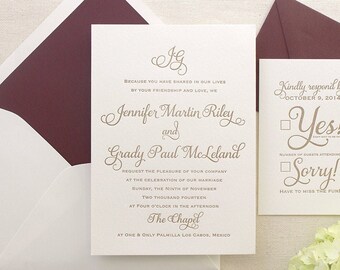 The Cranberry Suite - Classic Letterpress Wedding Invitation Sample - Gold, Deep Red Liner, Formal, Simple, Traditional, Monogram, burgundy