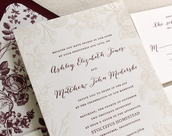 The Vintage Rose Suite  - Letterpress Wedding Invitation Sample,  Rose, Botanical, Floral, Fall, Winter, Red, Burgundy, Gold, Ivory, Modern