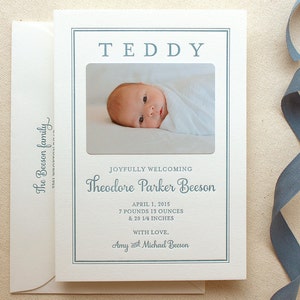 Letterpress Baby Birth Announcements with photos 50 flat cards with envelopes 1 ink color custom, boy Modern, newborn, Classic BA111 image 1