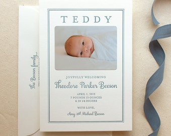 Letterpress Baby Birth Announcements with photos - 50 flat cards with envelopes - 1 ink color - custom, boy Modern, newborn, Classic BA111
