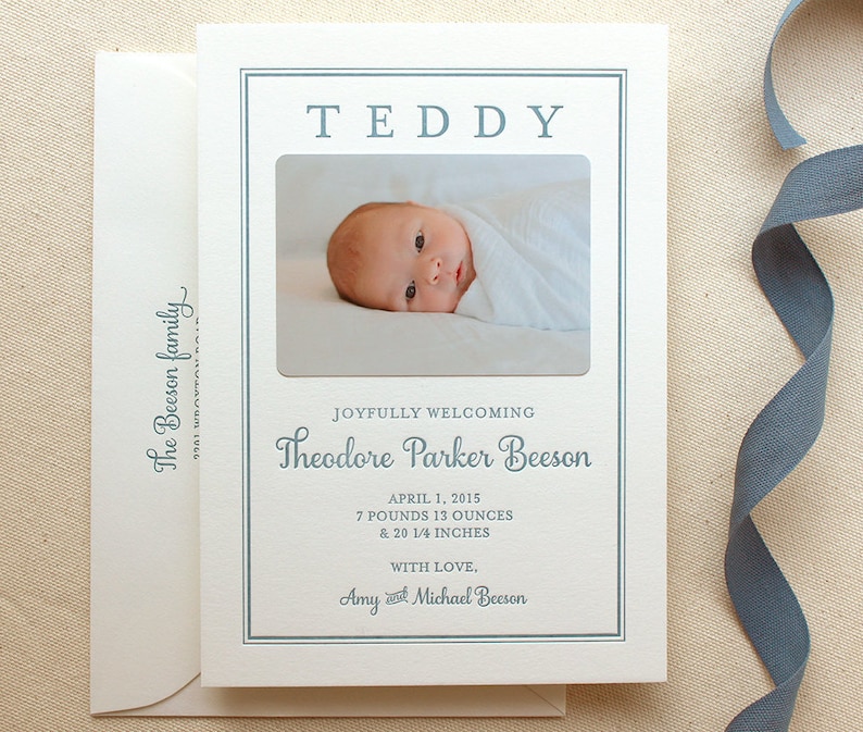 Letterpress Baby Birth Announcements with photos 50 flat cards with envelopes 1 ink color custom, boy Modern, newborn, Classic BA111 image 1