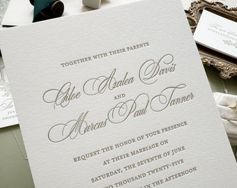 Letterpress Wedding Invitation Sample – Azalea Suite, Formal, Victorian