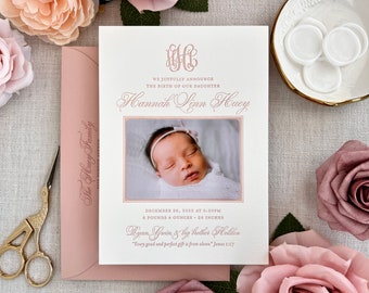 Letterpress Baby Birth Announcements with photos - 50 flat cards with envelopes - 1 ink color- girl, neutral, floral, newborn, Classic BA143