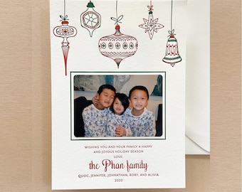 Letterpress Holiday Photo Card - 50 or more with envelopes - 2 ink color Christmas Cards, Family, vintage ornaments, red, green H30