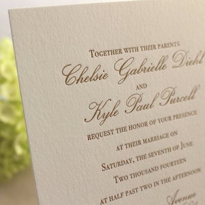 The Azalea Suite - Formal Letterpress Wedding Invitation Sample, Blush, Pink, Gold, White, Calligraphy, Script, Classic, Traditional, Simple