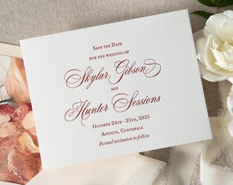 Letterpress Save the Dates with envelopes - 1 ink color - Vintage, Classic, Romantic, Gold, Azalea Design