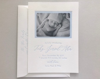 Letterpress Baby Birth Announcements with photos - 50 flat cards with envelopes - 1 ink color - custom, boy Modern, newborn, Classic BA111