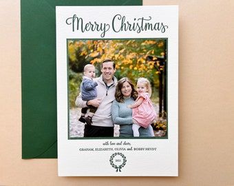 Letterpress Holiday Photo Card - 50 or more flat cards with envelopes - 1 ink color - Christmas Cards, wreath, simple DIY H44