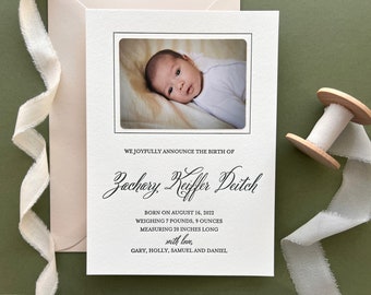 Letterpress Baby Birth Announcements with photos - 50 flat cards with envelopes - 1 ink color - custom, boy Modern, newborn, Classic BA111