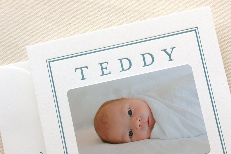 Letterpress Baby Birth Announcements with photos 50 flat cards with envelopes 1 ink color custom, boy Modern, newborn, Classic BA111 image 3