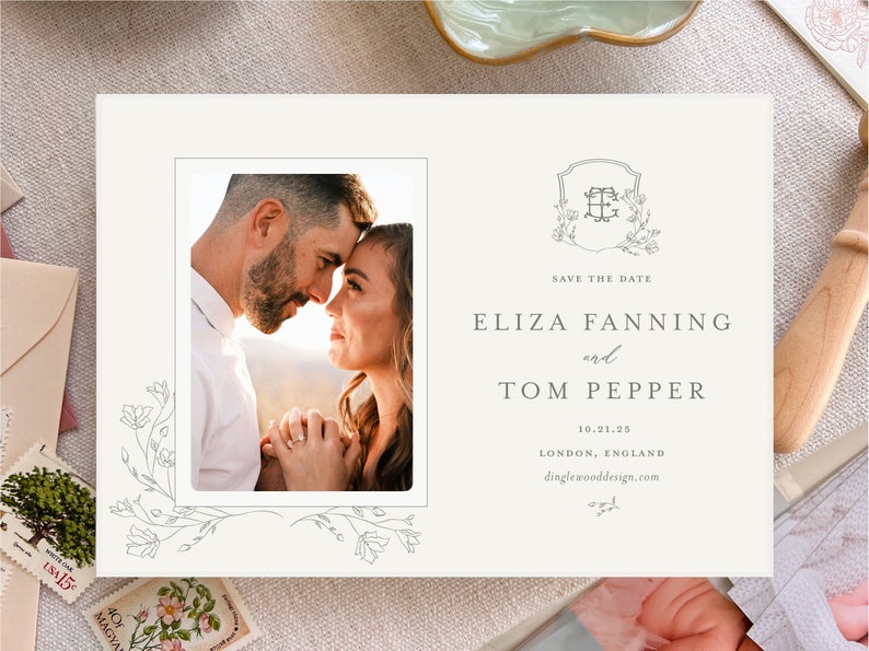 The Eliza Letterpress Save the Date Wedding Announcements with photos, blank envelopes image 1
