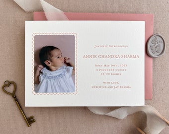 Letterpress Baby Birth Announcements with photos - 50 flat cards with envelopes - 1 ink color- girl, neutral, floral, newborn, Classic BA133