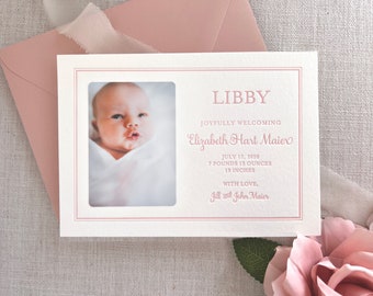 Letterpress Baby Birth Announcements with photos - 50 flat cards with envelopes - 1 ink color- girl, neutral, floral, newborn, Classic BA138