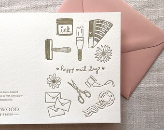 Letterpress Greeting Card - Letterpress Stationery Love - Happy Mail Day -  hand sketched - Ready to Ship