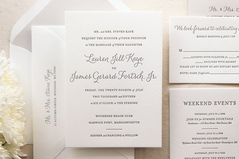 The Lily Suite Chic Letterpress Wedding Invitation Suite, Black, Gray, Grey, Liner, Calligraphy, Script, Simple, Classic, Modern, Elegant image 1