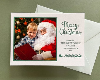 Letterpress Holiday Photo Card - 50 or more flat cards with envelopes - 1 ink color - Christmas Card, santa sleigh, reindeer, horizontal H29