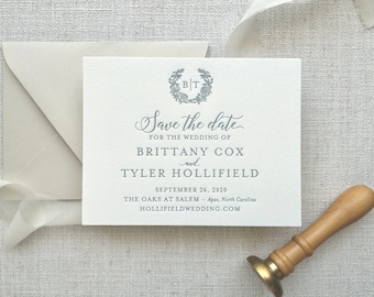 Letterpress Save the Dates with envelopes - 1 ink color - Vintage, Classic, Romantic, Blue, dusty blue, Duo-gram, Brittany Design