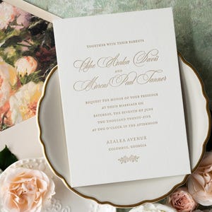 The Azalea Suite - Formal Letterpress Wedding Invitation Sample, Regency, Victorian, Garden, Wedding, Gold, Traditional, Timeless, Blush