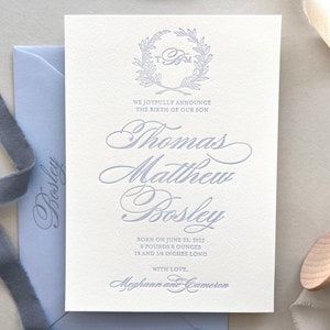 Letterpress Baby Geburtsankündigungen - 50 flache Karten mit Umschlägen - 1 Tuschefarbe - individuell gestaltet, blau, navy, newborn, baby BA114
