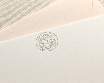 Letterpress Monogram Circle Personalized Stationery, Set of 50, note card, thank you, wedding gift, bridesmaid, gift, coworker, script S118