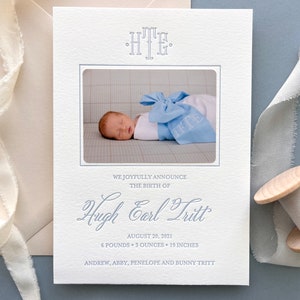 Anuncios de nacimiento de bebés impresos en tipografía con fotos - 50 tarjetas planas con sobres - 1 color de tinta - personalizados, niño Moderno, recién nacido, Clásico BA112