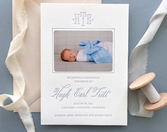 Letterpress Baby Birth Announcements with photos - 50 flat cards with envelopes - 1 ink color - custom, boy Modern, newborn, Classic BA112