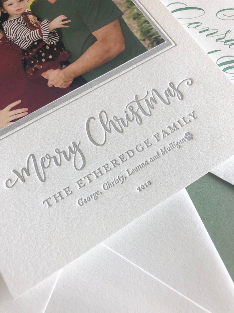 Letterpress Holiday Photo Card 50 or more flat cards with envelopes 1 ink color Christmas Cards, silver, Joy, Family, DIY H108 image 2