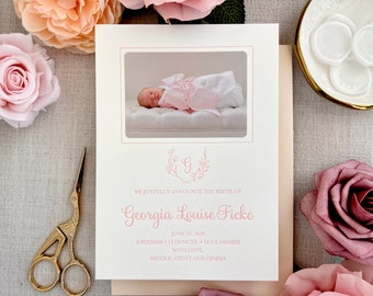 Letterpress Baby Birth Announcements with photos - 50 flat cards with envelopes - 1 ink color- girl, neutral, floral, newborn, Classic BA153