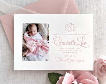 Letterpress Baby Birth Announcements with photos - 50 flat cards with envelopes - 1 ink color- girl, neutral, floral, newborn, Classic BA136