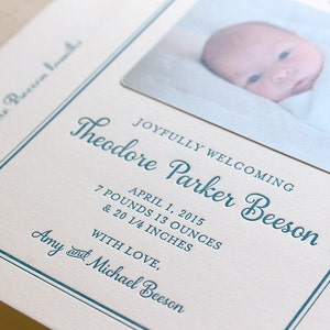 Letterpress Baby Birth Announcements with photos 50 flat cards with envelopes 1 ink color custom, boy Modern, newborn, Classic BA111 image 2